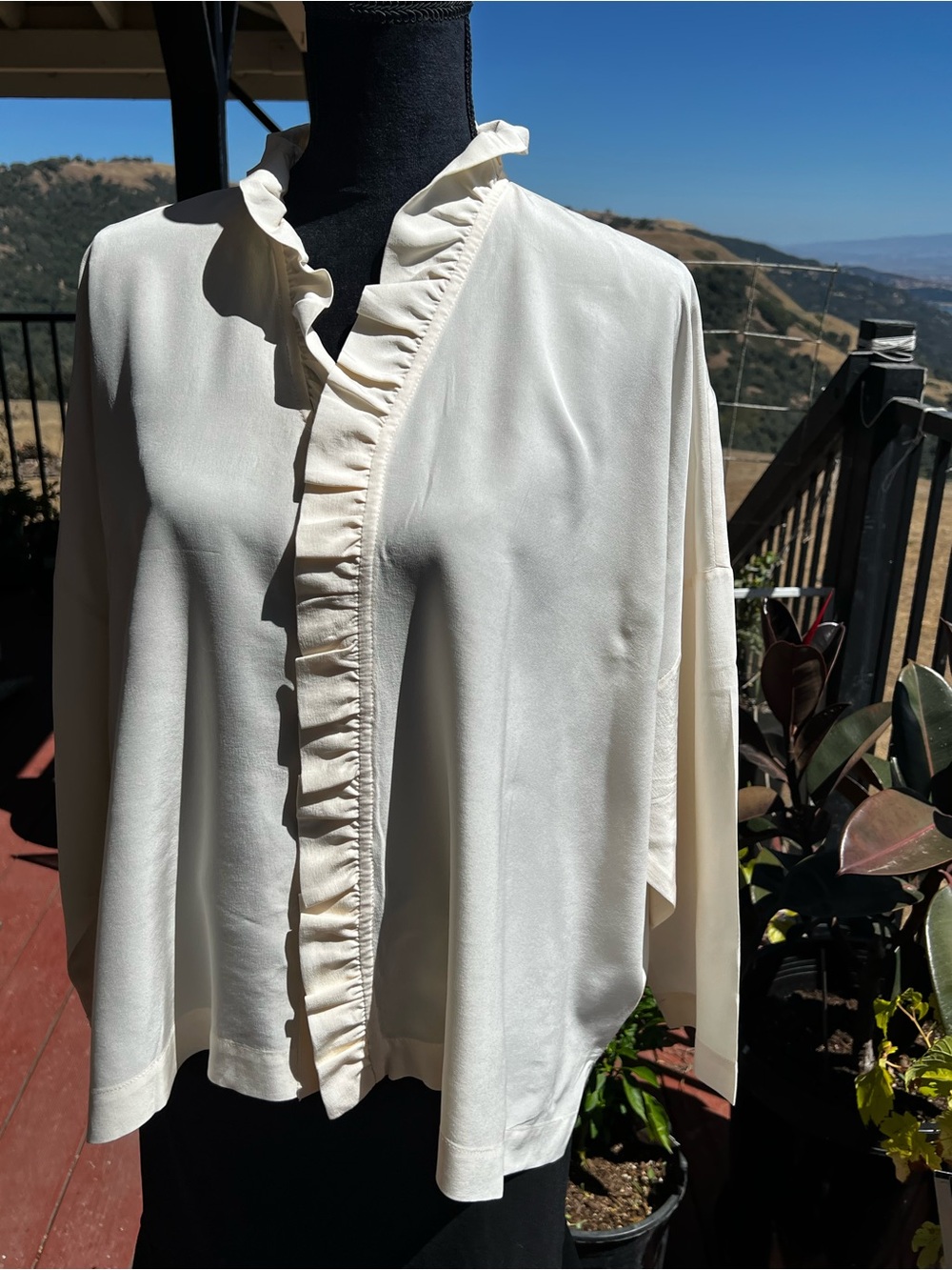Eskandar Sz 0 Runs O/S CREAM IVORY Silk Gorgeous Boxy Ruffle Blouse Shirt Top